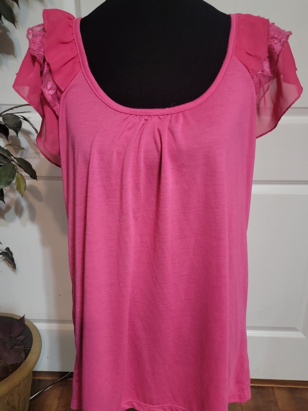 French Laundry Bright Pink Ruffle Lace Shoulder Tank